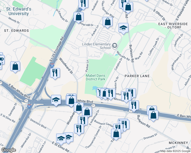 map of restaurants, bars, coffee shops, grocery stores, and more near 3427 Parker Lane in Austin