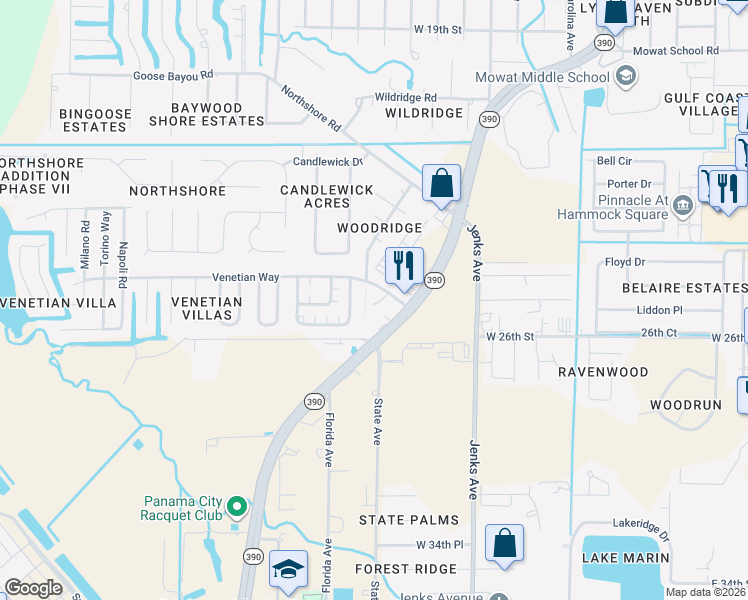 map of restaurants, bars, coffee shops, grocery stores, and more near 415 Venetian Way in Panama City