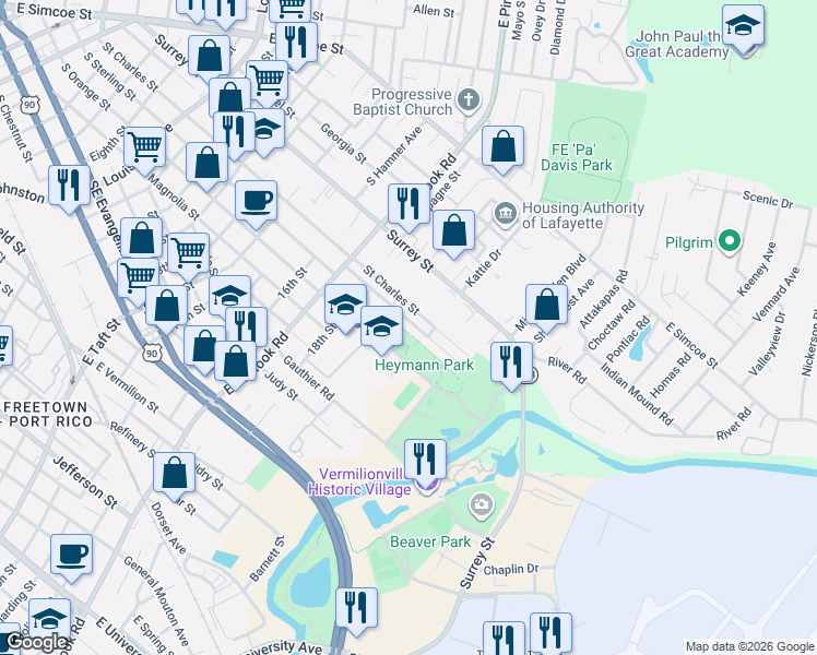 map of restaurants, bars, coffee shops, grocery stores, and more near 1045 St Charles St in Lafayette