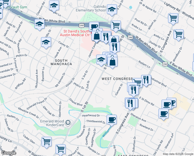 map of restaurants, bars, coffee shops, grocery stores, and more near 4413 S 2nd St in Austin