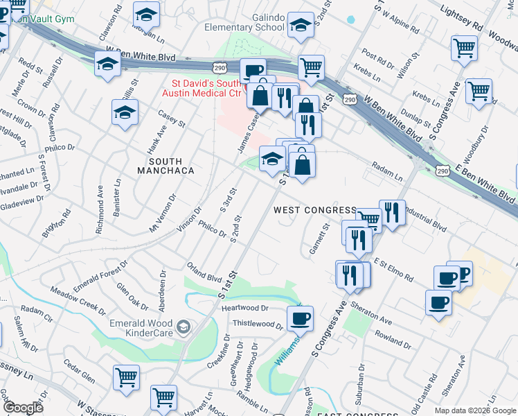 map of restaurants, bars, coffee shops, grocery stores, and more near 4413 South 2nd Street in Austin