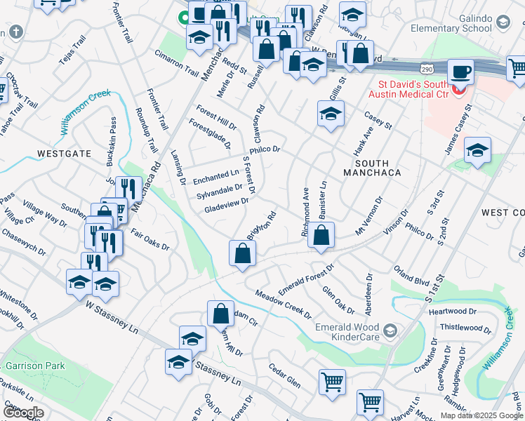map of restaurants, bars, coffee shops, grocery stores, and more near 1411 Green Forest Drive in Austin