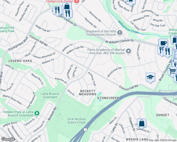 map of restaurants, bars, coffee shops, grocery stores, and more near 5322 Dry Wells Road in Austin