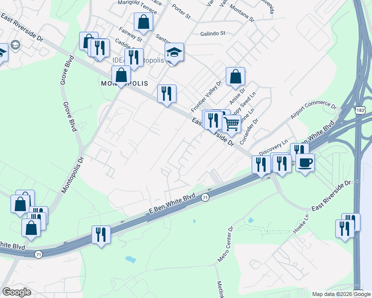 map of restaurants, bars, coffee shops, grocery stores, and more near 2200 Montague Street in Austin