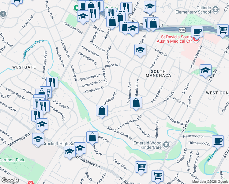 map of restaurants, bars, coffee shops, grocery stores, and more near 4802 Brighton Road in Austin