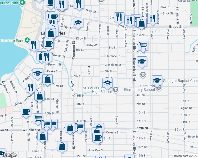 map of restaurants, bars, coffee shops, grocery stores, and more near 712-798 6th Street in Lake Charles