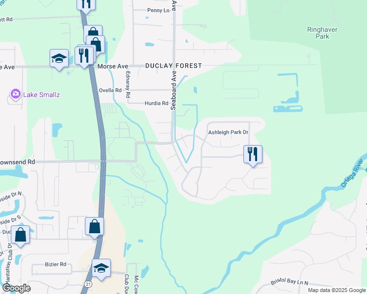 map of restaurants, bars, coffee shops, grocery stores, and more near 6982 Clearwater Park Court South in Jacksonville