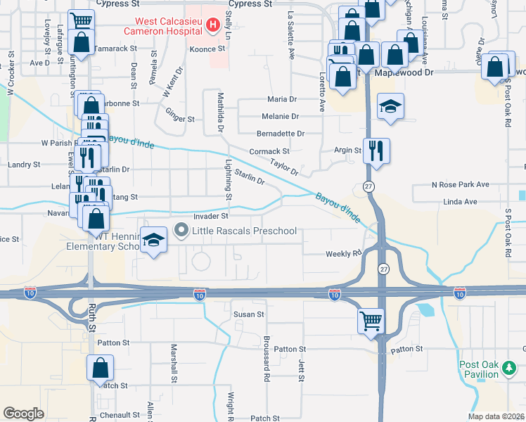 map of restaurants, bars, coffee shops, grocery stores, and more near 860 Invader St in Sulphur