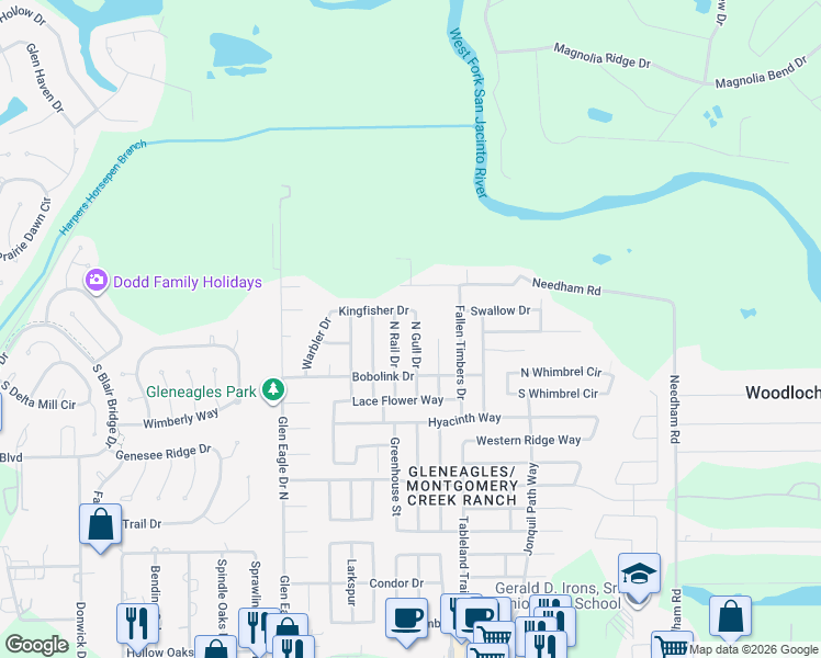 map of restaurants, bars, coffee shops, grocery stores, and more near 16734 North Gull Drive in Conroe