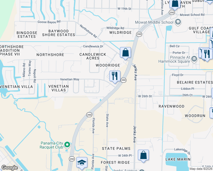 map of restaurants, bars, coffee shops, grocery stores, and more near 415 Venetian Way in Panama City