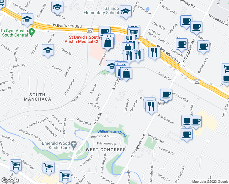 map of restaurants, bars, coffee shops, grocery stores, and more near 4411 South 1st Street in Austin