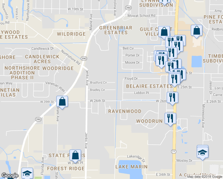 map of restaurants, bars, coffee shops, grocery stores, and more near 828 Bradley Circle in Lynn Haven