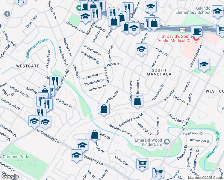 map of restaurants, bars, coffee shops, grocery stores, and more near 1411 Green Forest Drive in Austin
