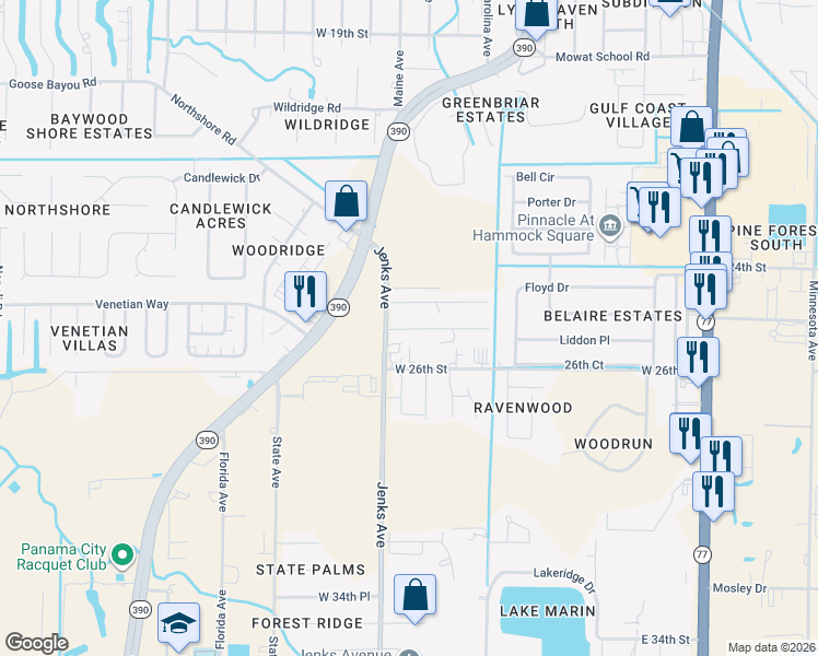 map of restaurants, bars, coffee shops, grocery stores, and more near 1106 Bradley Circle in Lynn Haven