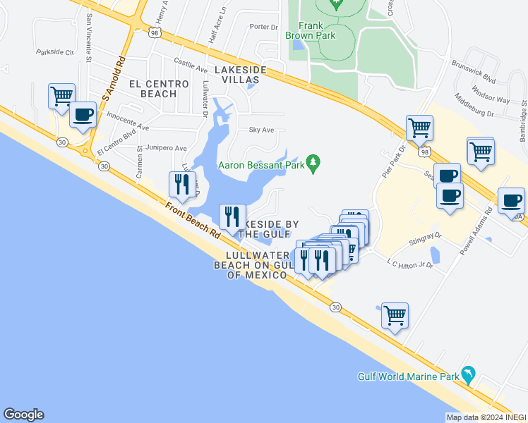 map of restaurants, bars, coffee shops, grocery stores, and more near 221 Lakeview Circle in Panama City Beach