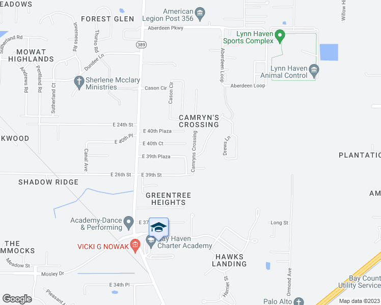 map of restaurants, bars, coffee shops, grocery stores, and more near 2416 Camryns Crossing in Panama City