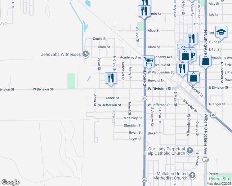 map of restaurants, bars, coffee shops, grocery stores, and more near 801-899 W Division St in Jennings