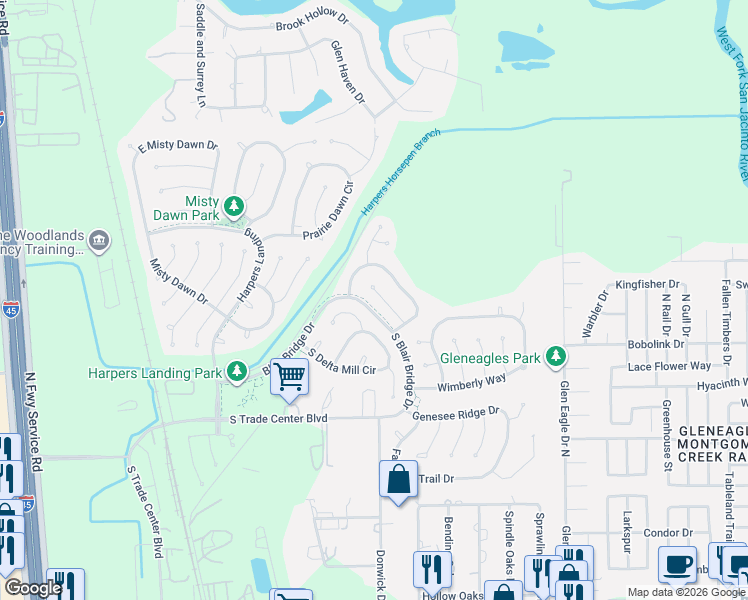 map of restaurants, bars, coffee shops, grocery stores, and more near 35 Danville Crossing Court in Conroe