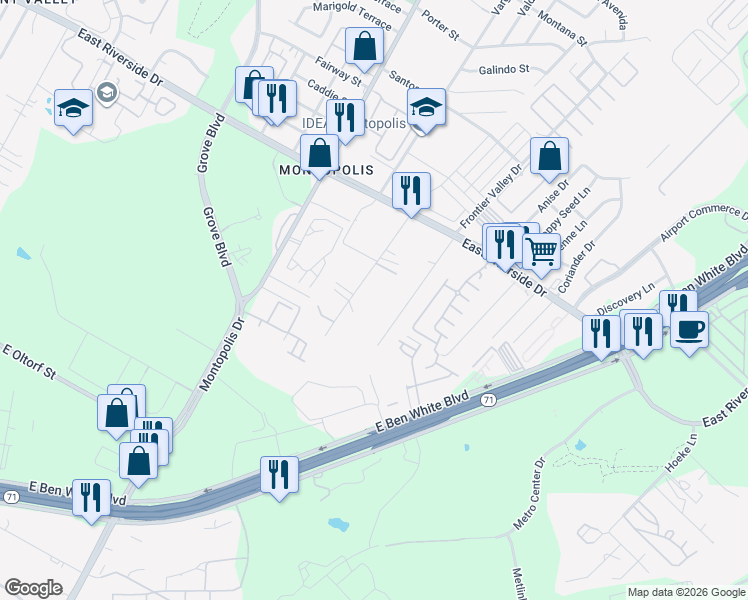 map of restaurants, bars, coffee shops, grocery stores, and more near 2215 Thrasher Ln in Austin