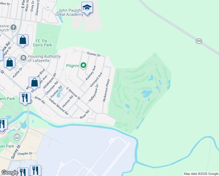 map of restaurants, bars, coffee shops, grocery stores, and more near 124 Nickerson Parkway in Lafayette