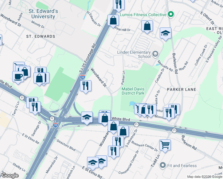 map of restaurants, bars, coffee shops, grocery stores, and more near 1718 Woodward Street in Austin