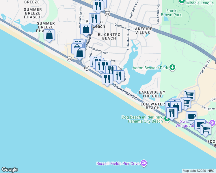 map of restaurants, bars, coffee shops, grocery stores, and more near 16819 Front Beach Road in Panama City Beach