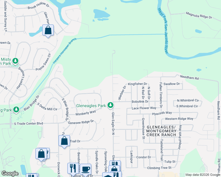 map of restaurants, bars, coffee shops, grocery stores, and more near 16750 Glen Eagle Drive North in Conroe