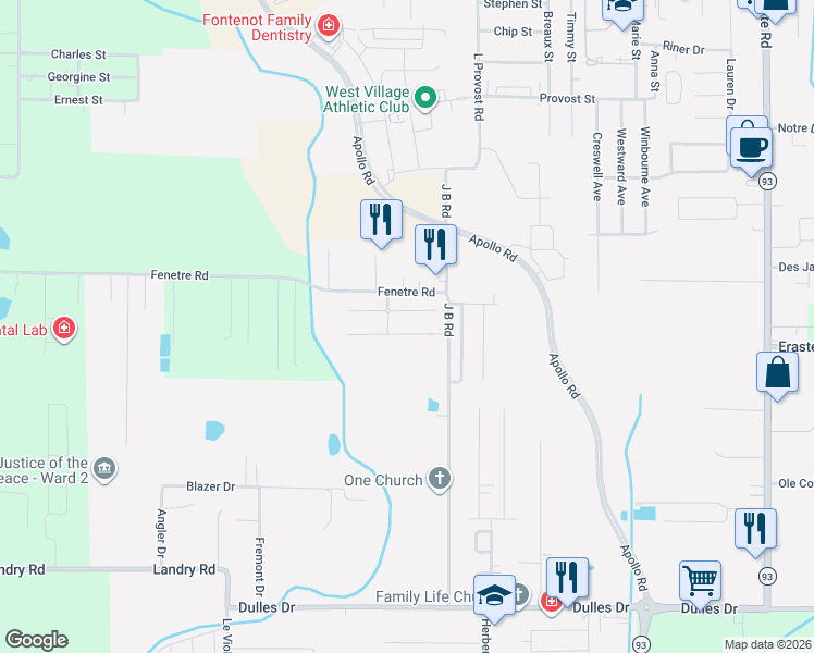 map of restaurants, bars, coffee shops, grocery stores, and more near 500 Blk Breaux Road in Lafayette