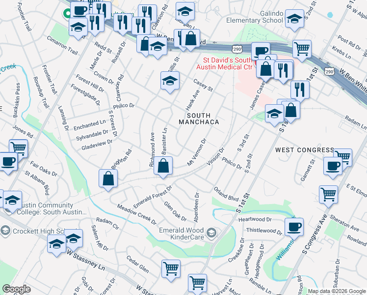 map of restaurants, bars, coffee shops, grocery stores, and more near 4605 Jinx Avenue in Austin