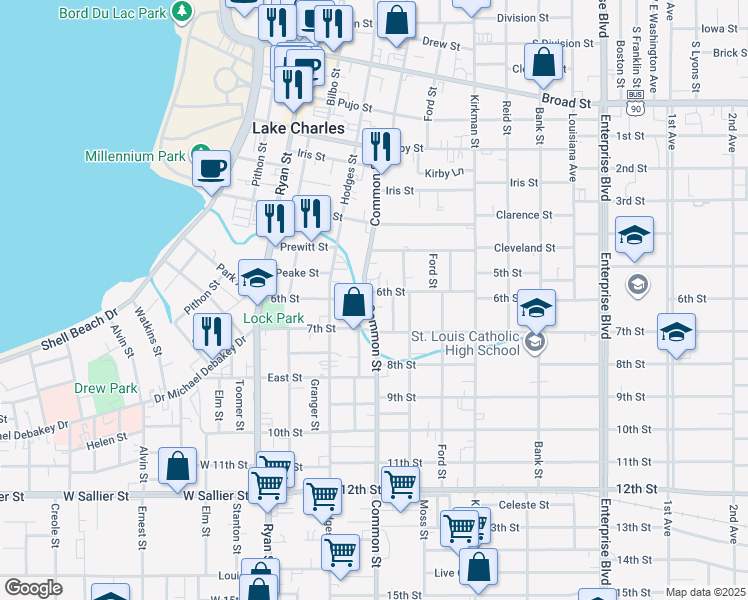 map of restaurants, bars, coffee shops, grocery stores, and more near 1480-1498 Common St in Lake Charles