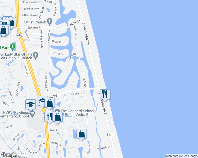 map of restaurants, bars, coffee shops, grocery stores, and more near 567 Ponte Vedra Boulevard in Ponte Vedra Beach
