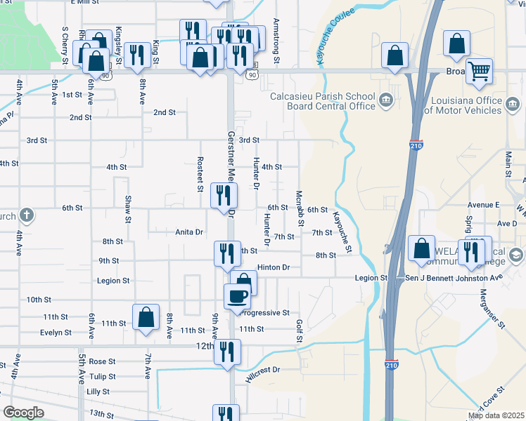 map of restaurants, bars, coffee shops, grocery stores, and more near 1409 Hunter Drive in Lake Charles