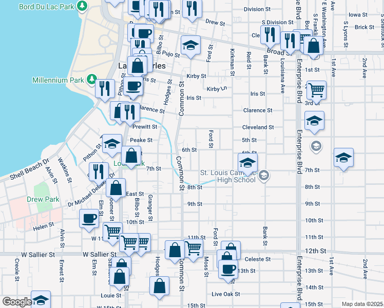 map of restaurants, bars, coffee shops, grocery stores, and more near 1506 Moss Street in Lake Charles