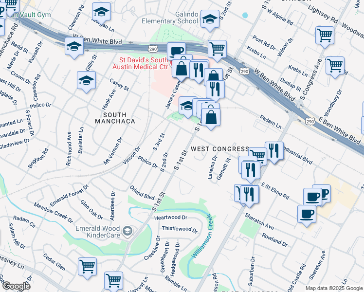 map of restaurants, bars, coffee shops, grocery stores, and more near 4413 South 2nd Street in Austin
