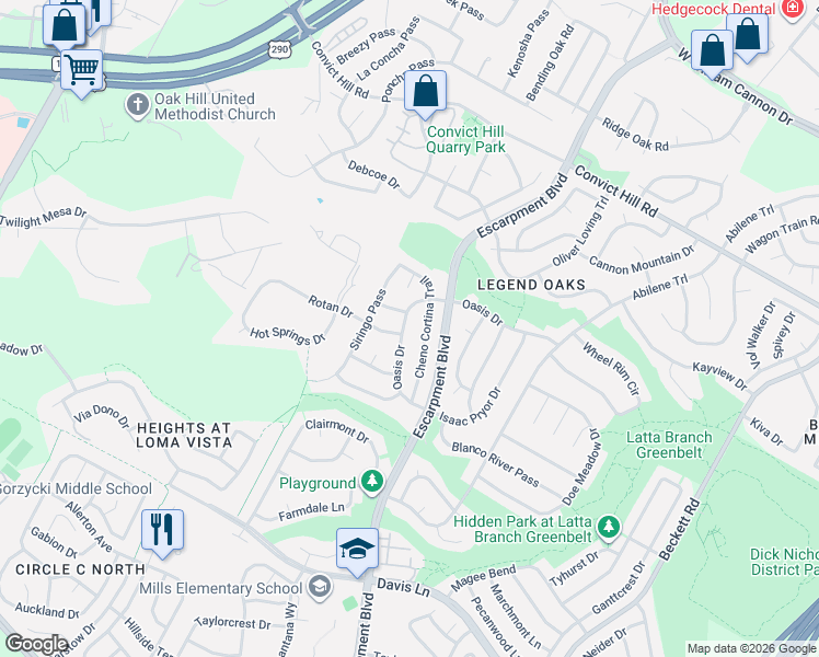 map of restaurants, bars, coffee shops, grocery stores, and more near 6601 Oasis Drive in Austin