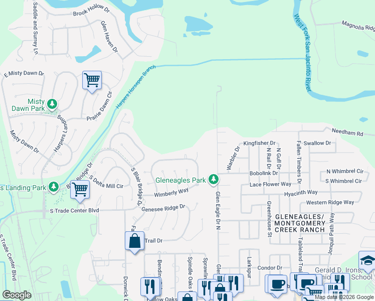 map of restaurants, bars, coffee shops, grocery stores, and more near 23 Snow Woods Court in Conroe