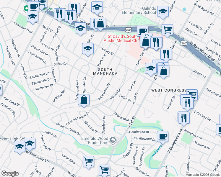 map of restaurants, bars, coffee shops, grocery stores, and more near 909 Philco Drive in Austin