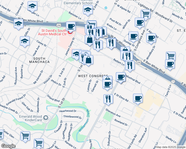 map of restaurants, bars, coffee shops, grocery stores, and more near 400 West Street Elmo Road in Austin