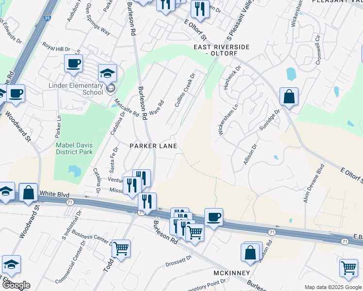 map of restaurants, bars, coffee shops, grocery stores, and more near 3109 Burleson Road in Austin