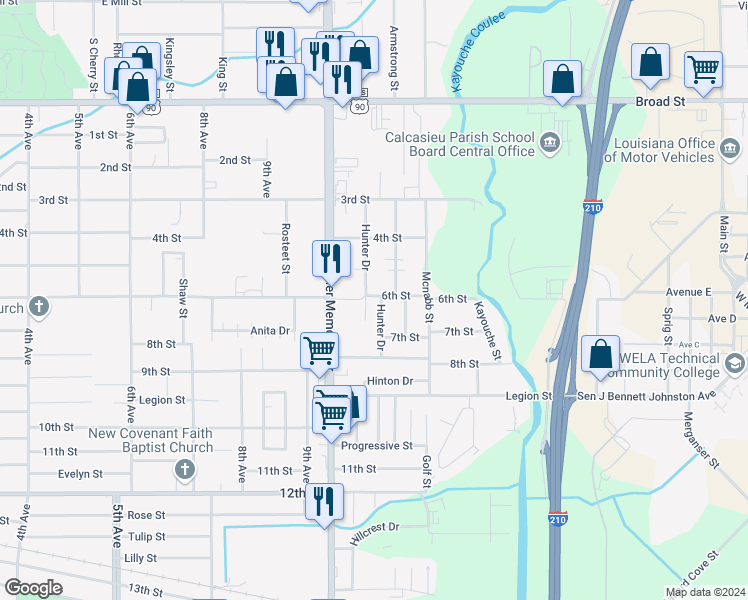 map of restaurants, bars, coffee shops, grocery stores, and more near 1501 Hunter Drive in Lake Charles