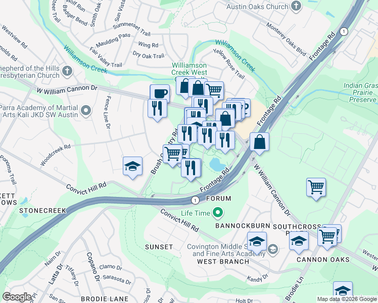 map of restaurants, bars, coffee shops, grocery stores, and more near 4301 West William Cannon Drive in Austin
