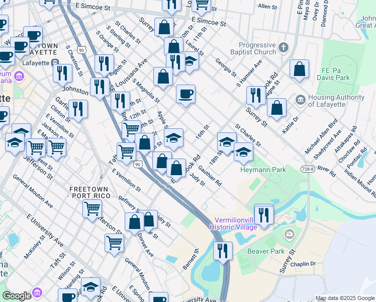 map of restaurants, bars, coffee shops, grocery stores, and more near 302 Sunnyside Lane in Lafayette