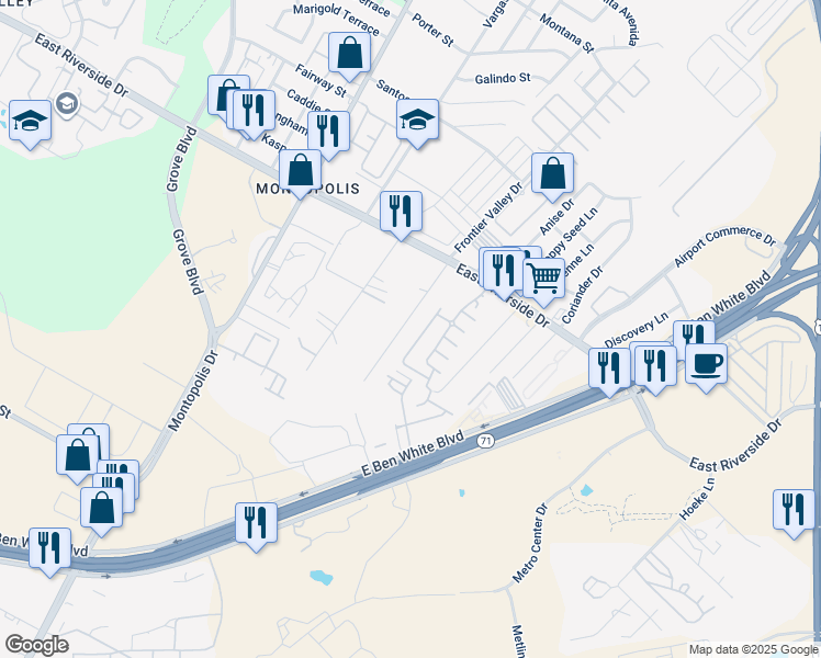 map of restaurants, bars, coffee shops, grocery stores, and more near 2129 Maxwell Lane in Austin
