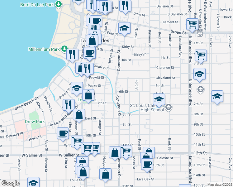 map of restaurants, bars, coffee shops, grocery stores, and more near 1498 Common St in Lake Charles