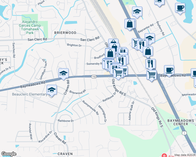 map of restaurants, bars, coffee shops, grocery stores, and more near 8803 Yorkshire Court in Jacksonville