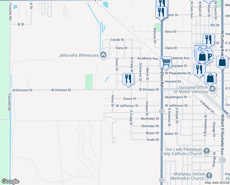map of restaurants, bars, coffee shops, grocery stores, and more near 1001-1009 West Division Street in Jennings