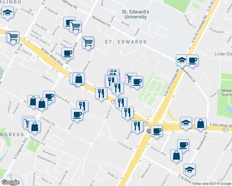 map of restaurants, bars, coffee shops, grocery stores, and more near 520 E Ben White Blvd in Austin