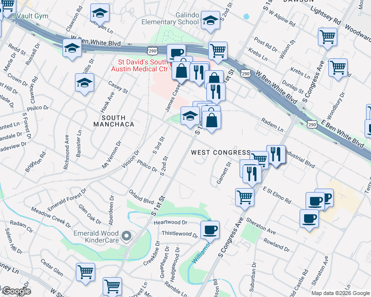 map of restaurants, bars, coffee shops, grocery stores, and more near 4405 South 1st Street in Austin