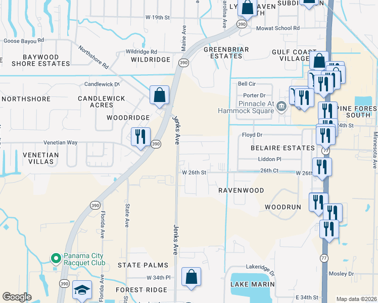 map of restaurants, bars, coffee shops, grocery stores, and more near 1110 Bradley Circle in Lynn Haven