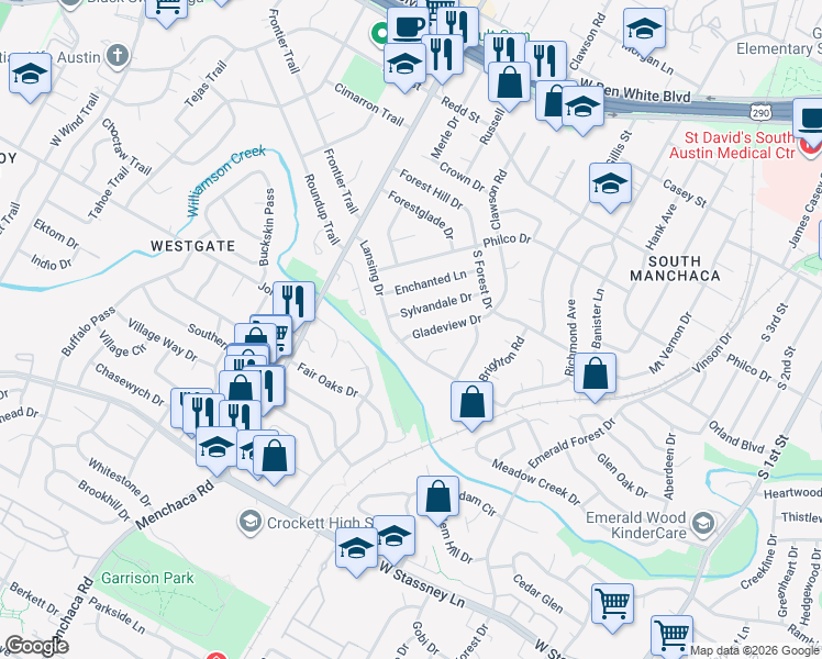 map of restaurants, bars, coffee shops, grocery stores, and more near 5010 Gladeview Drive in Austin